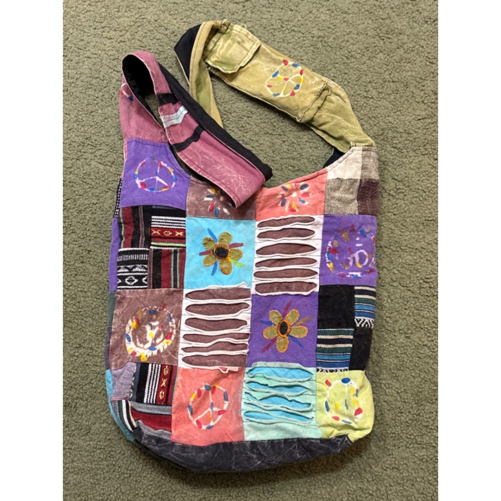Boho Patchwork Hobo Bag Peace Sign Floral Embroidered Crossbody Festival Risen